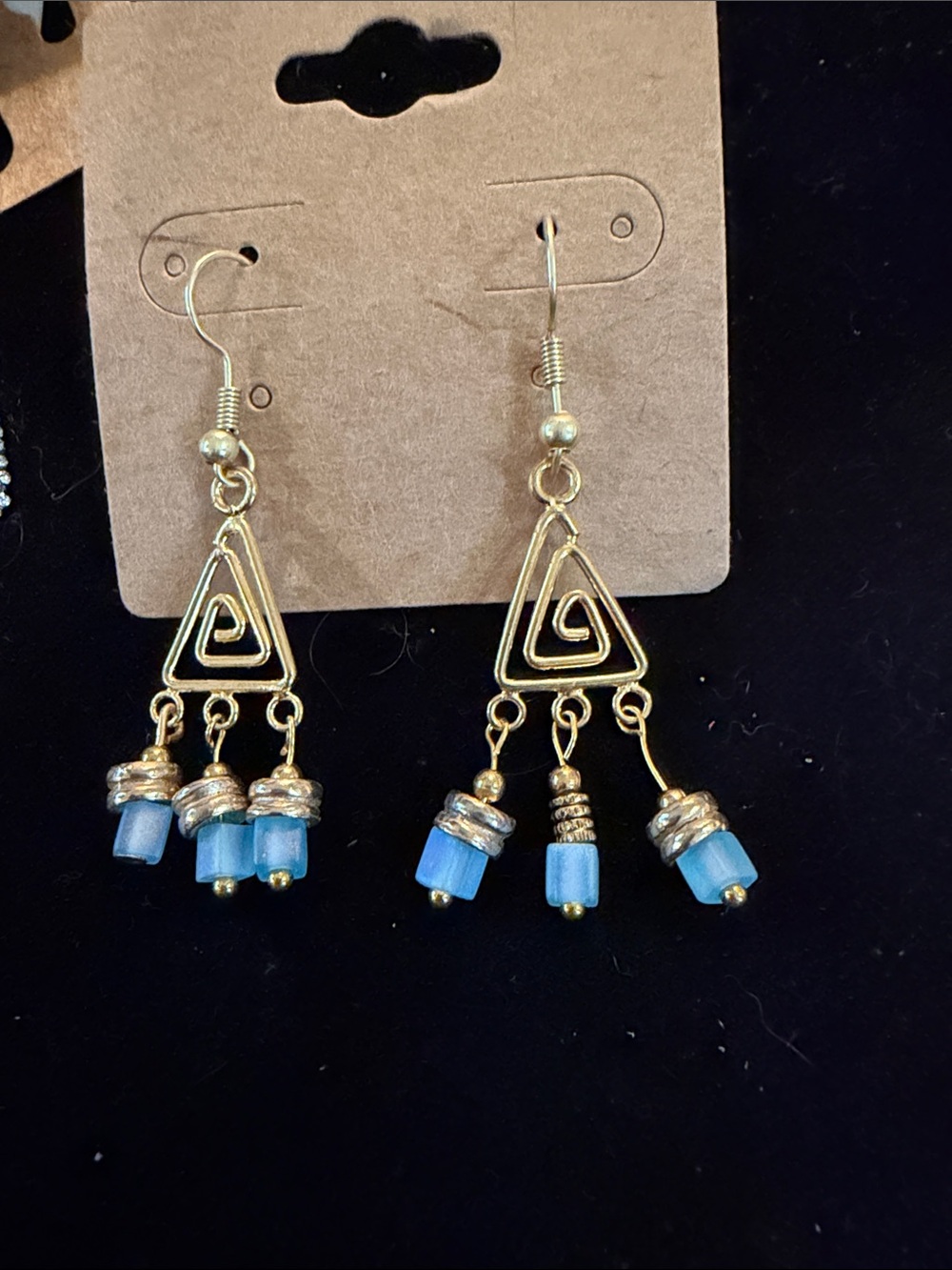 Gold & Light Blue Dangle Triangle Earrings